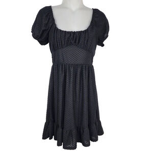 Rolla Coster Mini Dress Large Black Swiss Textured Dot Puff Sleeve Ruffle Hem